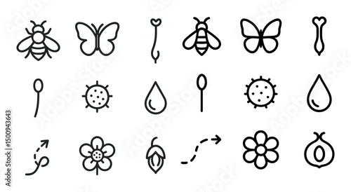Garden and nature icons set – line, outline, floral and pollination symbols