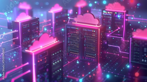 Neon Cloud Computing Network: Servers and Data Flow Visualization