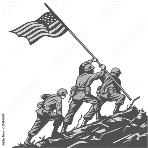 Symbolic Representation of American Soldiers Ascending a Hill with Flag