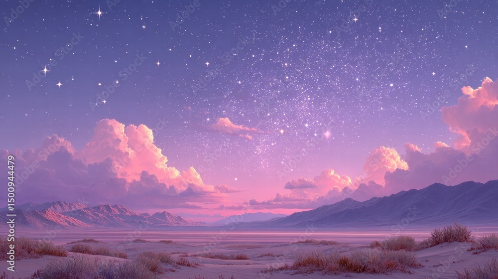Fototapeta premium Night sky constellations dreamscape concept. A breathtaking twilight scene with vibrant clouds and a starry sky over a serene landscape.