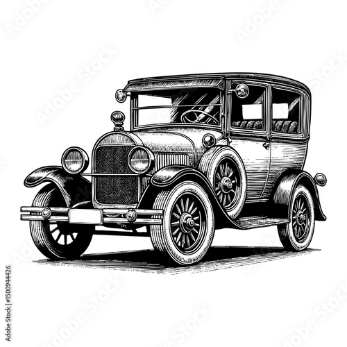 Classic car sketch engraving black and white outline. Scratch board imitation.  illustrated in vintage line art style on a white background.