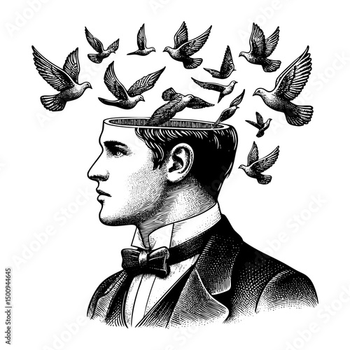 man in formal attire with an open head, from which birds are flying sketch engraving black and white outline. Scratch board imitation.