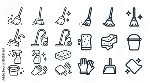 Cleaning tools outline icons set – linear, line, housekeeping and sanitation symbols