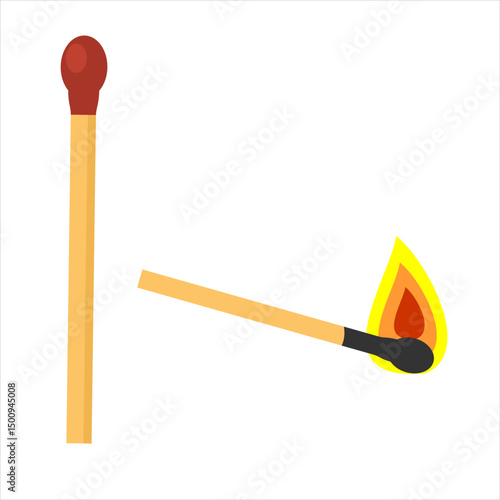 Vector icon of a burning wooden matchstick with a flame 
at the tip, suitable as a symbol of ignition or traditional 
fire-starting, illustration in flat art style.