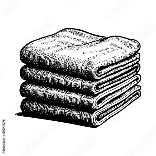 A stack of neatly folded towels sketch engraving black and white outline. Scratch board imitation.  illustrated in vintage line art style on a white background.