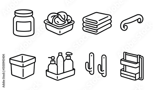 Minimalist bathroom accessories in black and white icon set