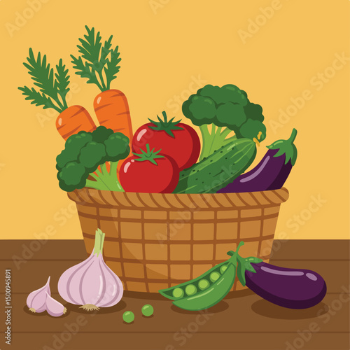 A wicker basket overflowing with a colorful array of fresh produce including carrots, tomatoes, broccoli, cucumbers, and eggplant, sitting atop a wooden table.