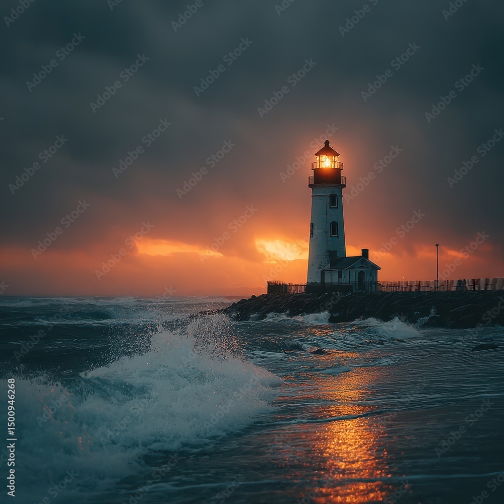 Obraz premium A white lighthouse stands tall against dramatic stormy sky at orange sunset