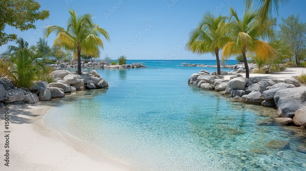 Fototapeta premium Tropical beach paradise with clear turquoise water and palm trees abound