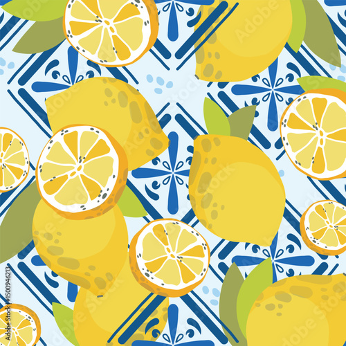 A vibrant pattern featuring fresh lemons and lemon slices on a background inspired by traditional Mediterranean tiles. Perfect for summer-themed designs, kitchen decor, packaging, and textile.