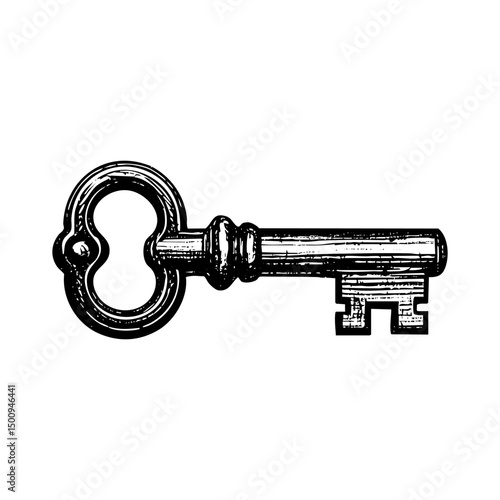Classic key sketch engraving black and white outline. Scratch board imitation.