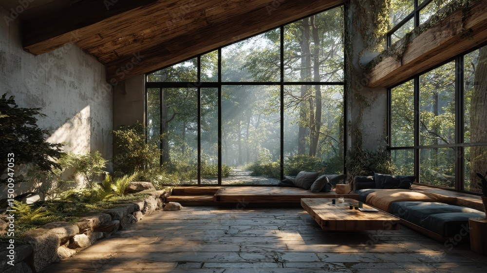 Naklejka premium A sunlit modern living space merges seamlessly with nature through large .