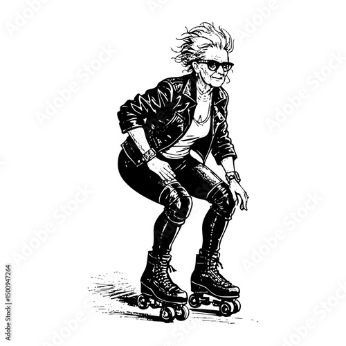 Grandmother playing roller skate sketch engraving black and white outline. Scratch board imitation.