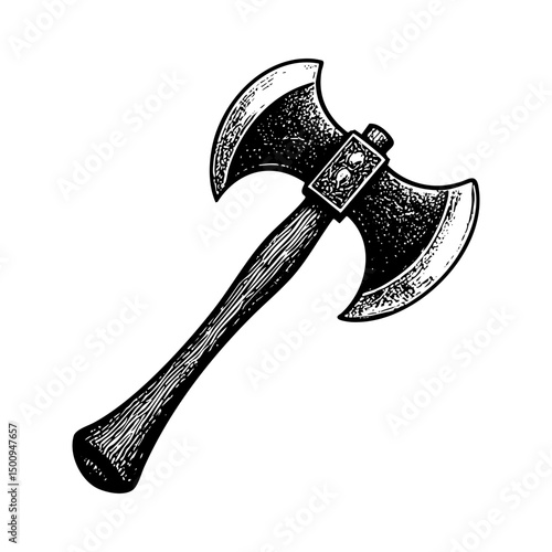 Axe engraving black and white outline. Scratch board imitation.  illustrated in vintage line art style on a white background.