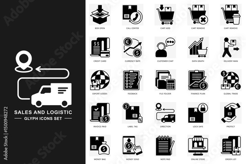 Sales and logistic glyph icons set. contain credit card, delivery man, data graph, online store, feedback and more. use for modern concept, print, UI, UX kit, web and app development. Vector EPS 10