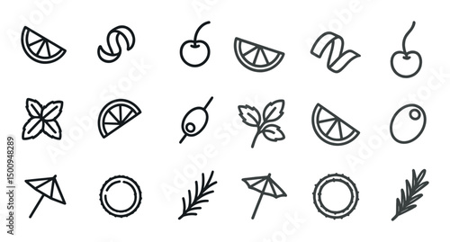 Fruits and herbs outline icons set – line, healthy, cocktail and garnish symbols