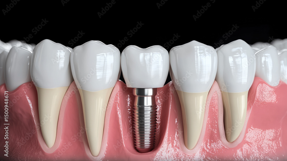Dental implant artificial tooth gum oral health realistic closeup side view high detail medical illustration Dental implant artificial tooth gum oral health realistic closeup side view high detail medical illustration