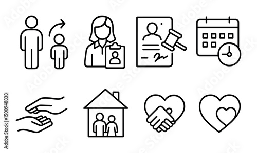 Family law and adoption concepts represented through iconic illustrations