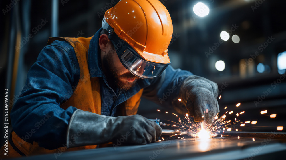 Skilled Worker in Safety Gear Engaging in Metalwork with Sparks Flying in Industrial Setting Skilled Worker in Safety Gear Engaging in Metalwork with Sparks Flying in Industrial Setting