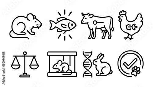 Ethical animal testing and food source concepts with icon set for awareness and education