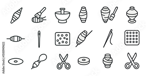 Sewing and crafting outline icons set – linear, stitching, needlework design elements