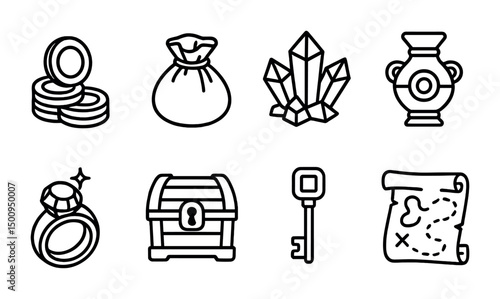 Treasure hunt icons set featuring coins, map, and key for adventure themes