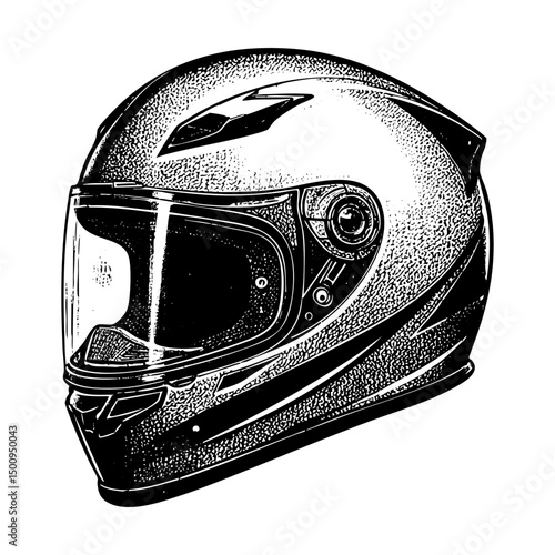 Racing helmet engraving black and white outline. Scratch board imitation. illustrated in vintage line art style on a white background.