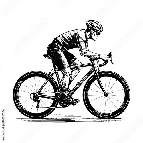 man riding bicycle sketch engraving black and white outline. Scratch board imitation.