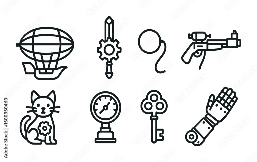 Steampunk icons collection with airship, key, ray gun, and gear elements Steampunk icons collection with airship, key, ray gun, and gear elements