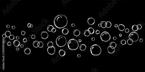 Cartoon soap bubbles. Simple soap background. A foam sample with white pastel round shapes. Vector charcoal illustration of a card with shampoo or drinking foam. Oxygen circles flying