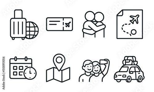 Travel and adventure icons: luggage, tickets, maps and more for journey planning