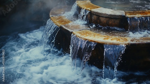 Water flowing over intricate dam spillway steps