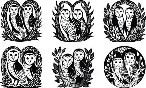 Barn Owls in Hollow Trees Vector on White Background