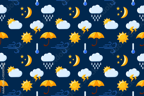 Seamless pattern with weather icon on dark blue background in cartoon. Sun, clouds, rain, raindrops, umbrella, wind design for cloth, wallpaper, package.