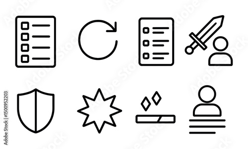 Icon set featuring list, refresh, user, and sword symbols for digital applications
