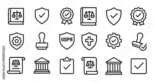 Law and justice outline icons set – legal, court, compliance symbols