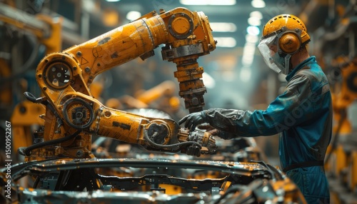 Industrial robot arm assisting a worker in a manufacturing facility.