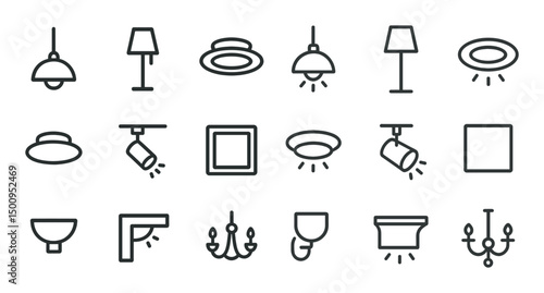 Lighting fixtures outline icons set – linear, lamp, home decor symbols
