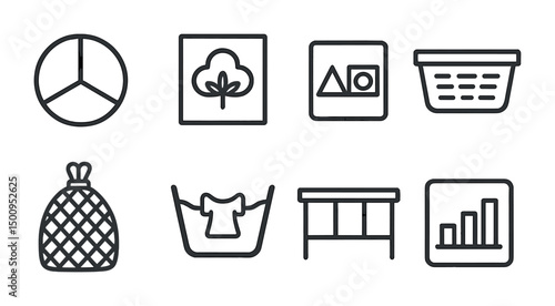 Simple line icons representing laundry, nature, and statistical data for design projects
