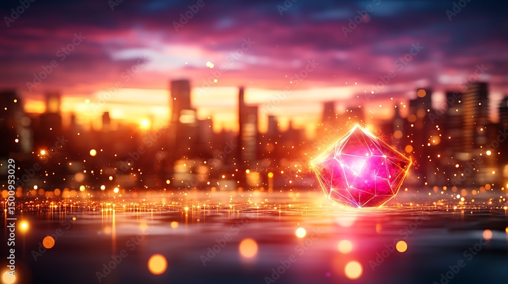 Fototapeta premium Futuristic city at sunset with glowing object