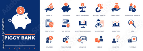 Piggy bank. Set of investment icons. Business infographics. SEO, sign. Economy, money, fund. Concept of dollar, investor, assets, risk management, finance gain, interest, shares. Vector illustration