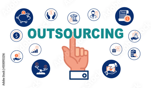 Outsourcing has been around since the Industrial Revolution. Set of investment icons. Business infographics. SEO, sign. Economy, money. Concept of dollar, financial profit, shares. Vector illustration