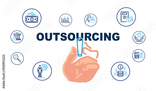 Outsourcing has been around since the Industrial Revolution. Set of investment icons. Business infographics. SEO, sign. Economy, money. Concept of dollar, financial profit, shares. Vector illustration