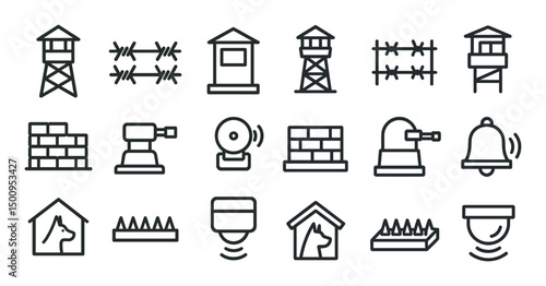 Prison security line icons set – outline, surveillance, jail protection symbols