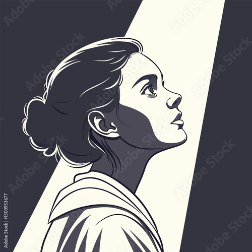 Portrait of a young woman, shot in shadows, with a vertical beam of light projected onto her eye