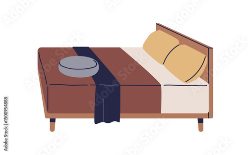 Bed with pillows and blanket. Cozy wooden bedroom furniture in modern style, soft mattress, cushions, neat textile for comfortable sleep. Flat vector illustration isolated on white background