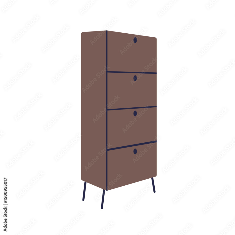Dresser, chest of drawers. Wooden upright tall high cabinet. Wood storage furniture unit in modern retro scandinavian style for room interior. Flat vector illustration isolated on white background Dresser, chest of drawers. Wooden upright tall high cabinet. Wood storage furniture unit in modern retro scandinavian style for room interior. Flat vector illustration isolated on white background