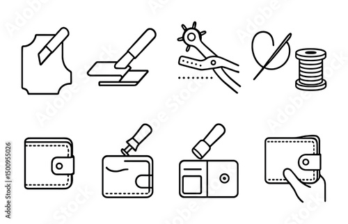 Leather crafting tools and wallet making line icons for design projects