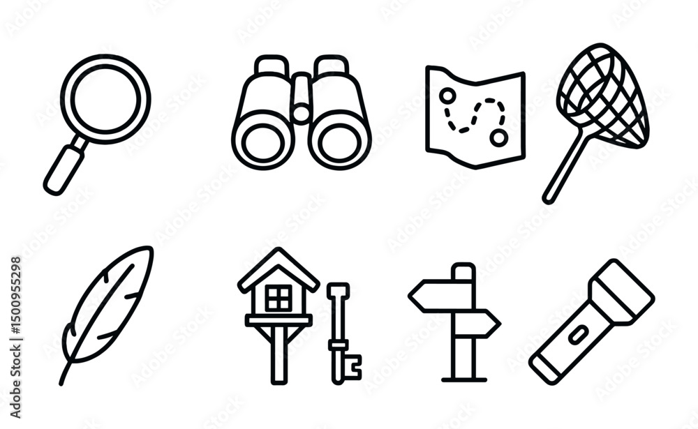 Fototapeta premium Outdoor exploration icons: magnifying glass to birdwatcher's binoculars