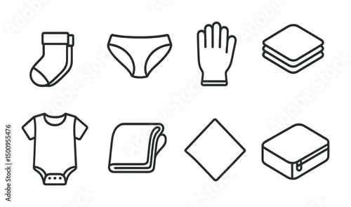 Essential baby clothing and accessories: socks, onesies, bibs, and towels icons